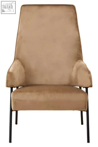 Tan henia mink velvet chair with black metal legs featuring soft mink velvet upholstery and modern design