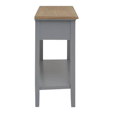Gray painted henley antique grey console table with light wood top and open shelf below