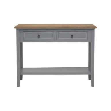 Henley antique grey console table with gray painted body natural wood top and two drawers with black round knobs