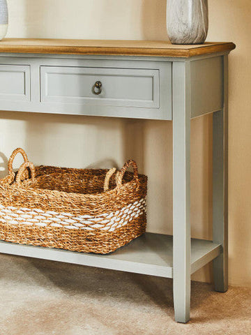 Henley antique grey console table with gray paint, natural wood top, and single drawer with ring pull handle