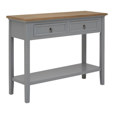 Henley antique grey console table with natural wood top and two drawers with black round knobs