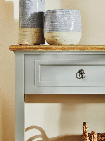 Henley antique grey console table with gray painted base, wooden top, and single drawer with black ring pull handle