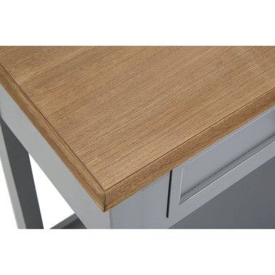 Gray painted wooden console table with antique grey finish and light oak top showing visible wood grain