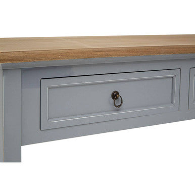 Henley antique grey console table with gray painted wood, natural oak top, and single drawer with ornate black ring pull