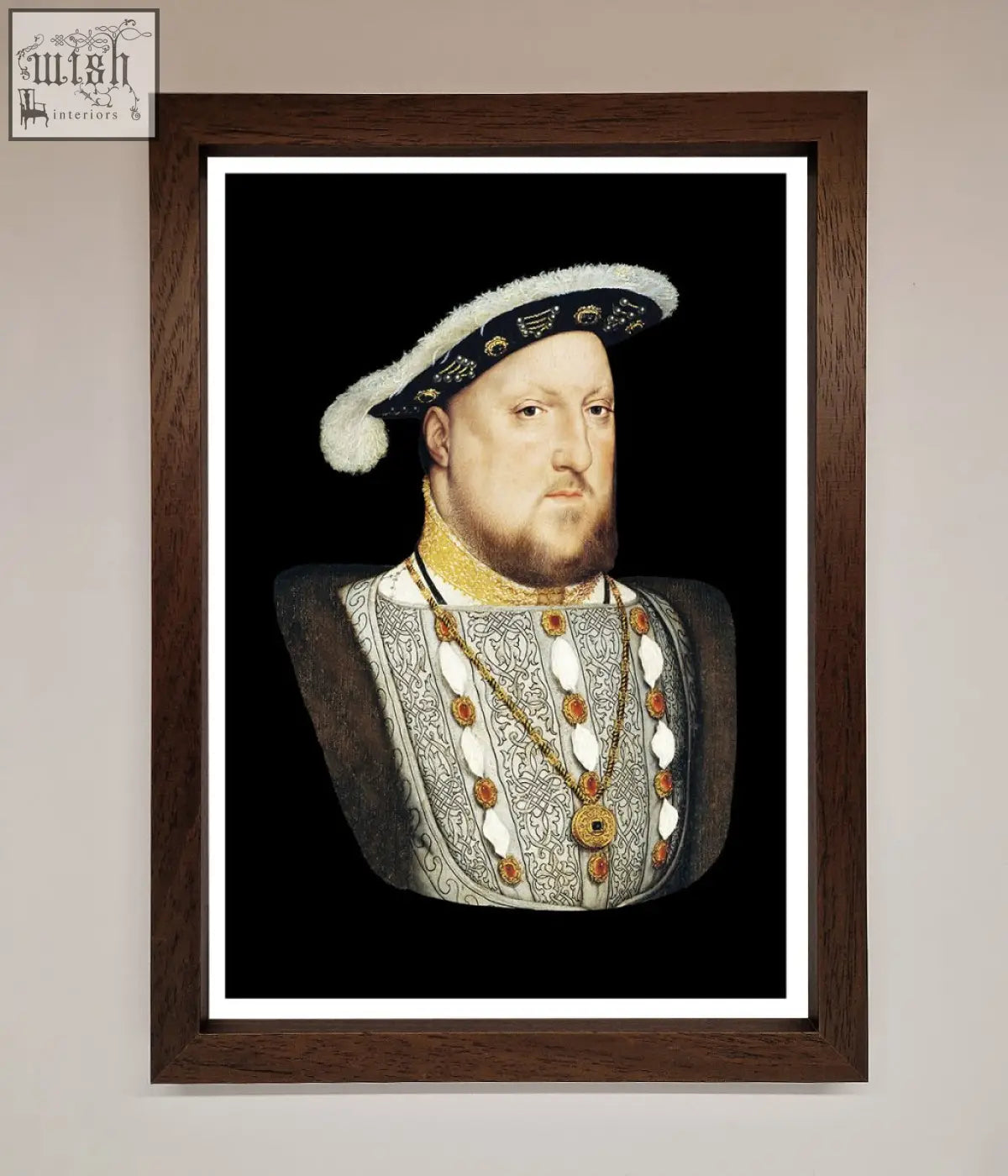 A henry eighth framed wall art featuring king henry viii in gold-embroidered attire with a black and white feathered hat