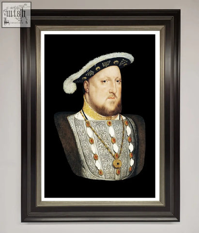 Framed wall art featuring henry eighth in ornate black and gold attire with a white feathered hat perfect for decor