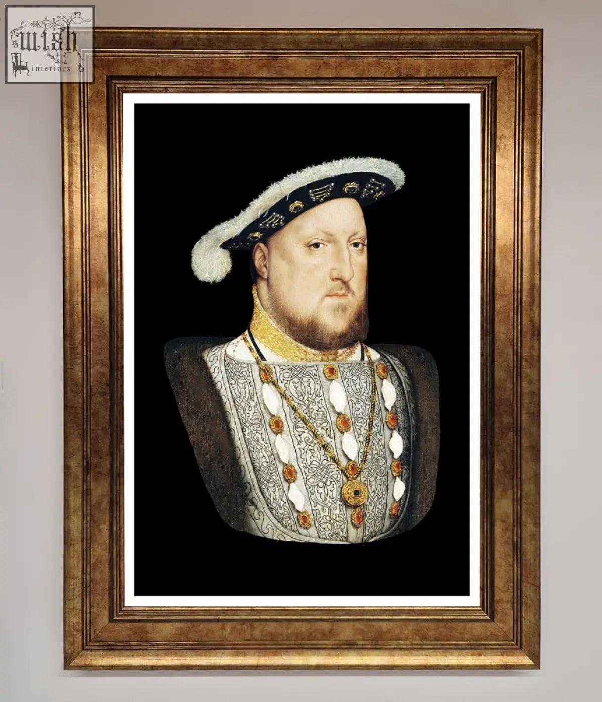 Henry eighth framed wall art featuring king henry viii in gold-embroidered attire and a black and white feathered hat