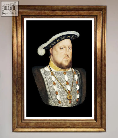 Henry eighth framed wall art featuring king henry viii in gold-embroidered attire and a black and white feathered hat