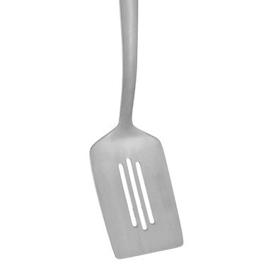 Silver hera brushed stainless steel slotted turner with three slots for easy flipping and cooking tasks
