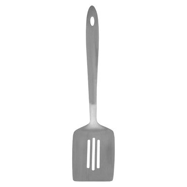 Hera brushed stainless steel slotted turner with silver stainless steel blade and three vertical slits