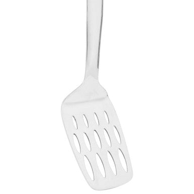 Silver stainless steel slotted turner with shiny finish and oval cutouts perfect for flipping and serving food