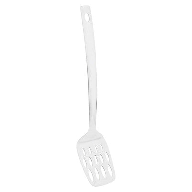 White plastic spatula with long handle and slotted head beside hera stainless steel shiny finish slotted turner