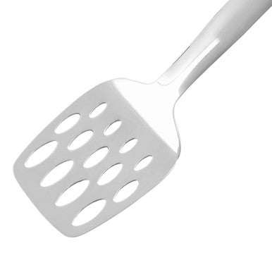 White sleek metal hera stainless steel slotted turner with shiny finish and oval cutouts in the head