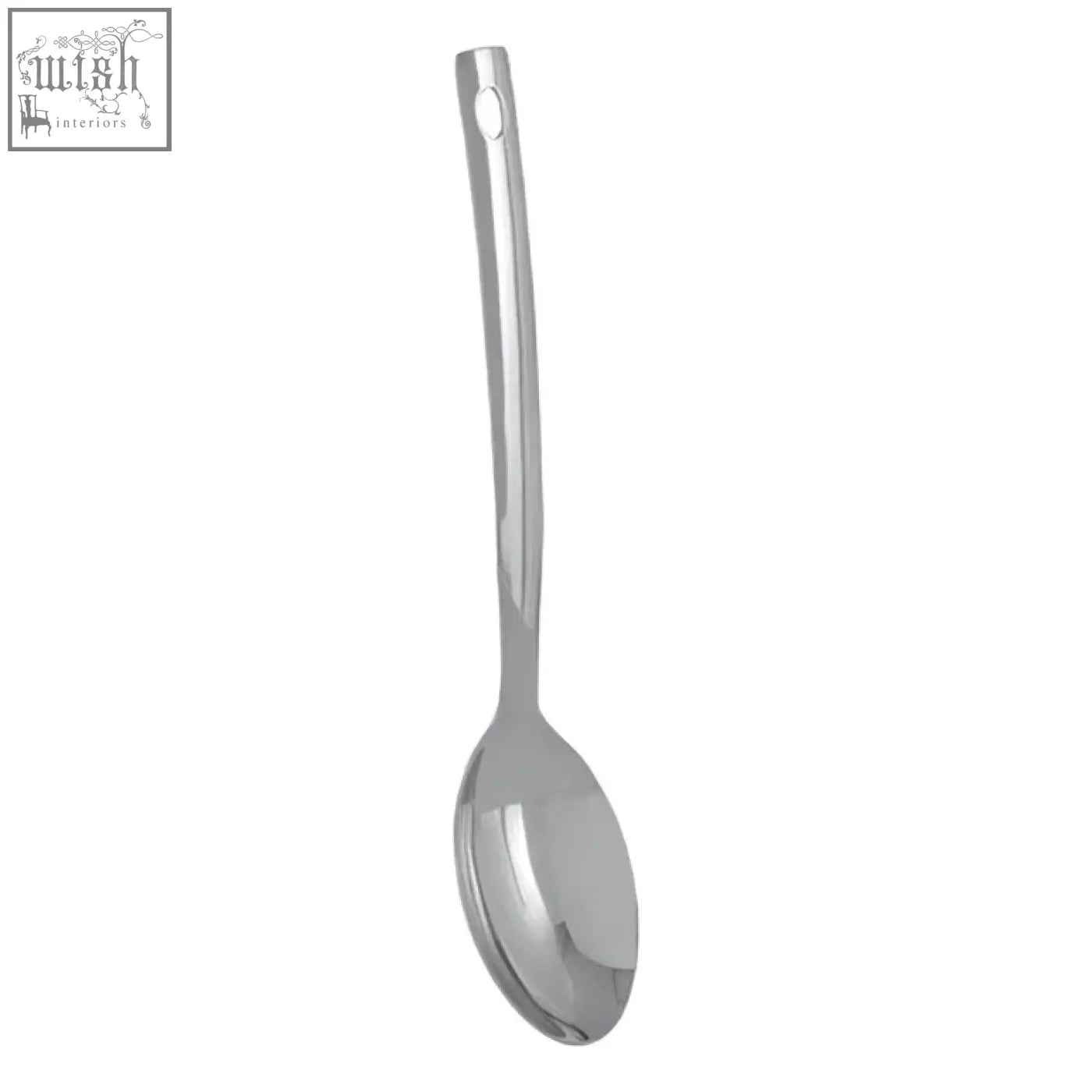 Hera stainless steel shiny finish serving spoon with a sleek polished design and elongated handle with hole