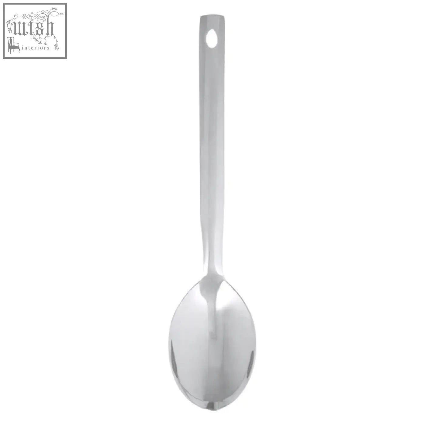 A sleek hera stainless steel serving spoon with shiny finish and hole on handle for easy hanging