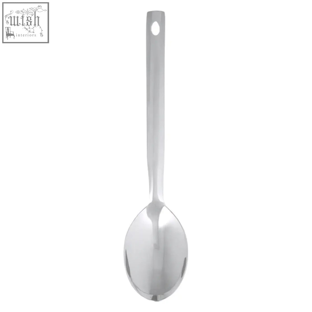 A sleek hera stainless steel serving spoon with shiny finish and hole on handle for easy hanging