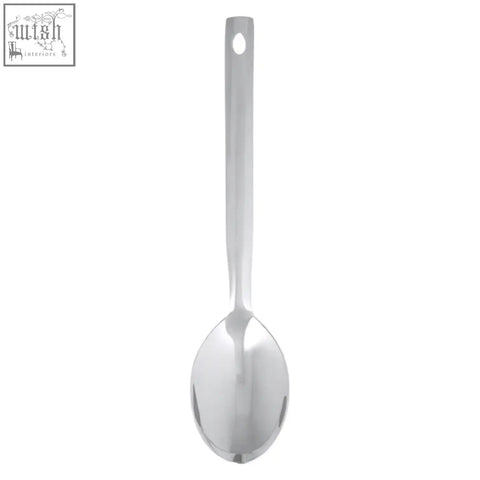 A sleek hera stainless steel serving spoon with shiny finish and hole on handle for easy hanging