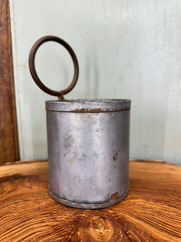 Vintage silver-toned metal herb plant pot with rusted circular handle perfect for desk tidy or cutlery holder