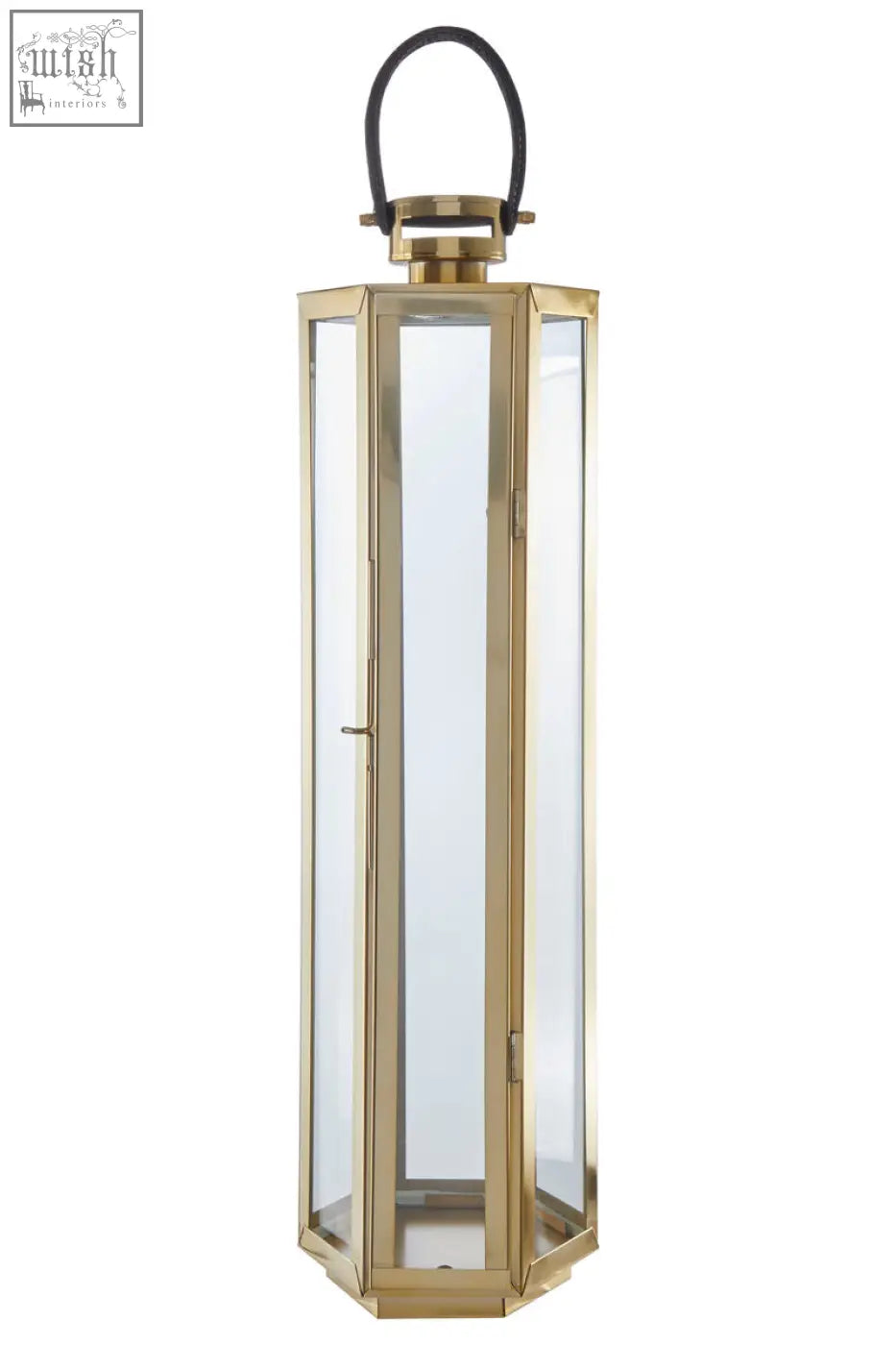 Herber large gold finish lantern with brass frame clear glass panels and black leather handle