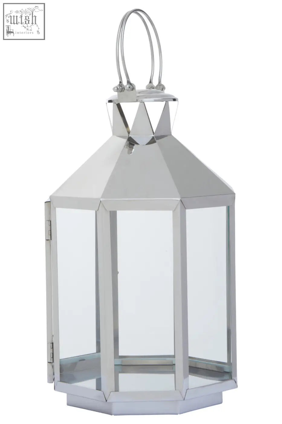 Herber large silver steel lantern with clear glass panels and looped handle perfect for outdoor decor