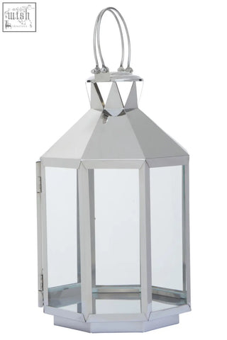 Herber large silver steel lantern with clear glass panels and looped handle perfect for outdoor decor