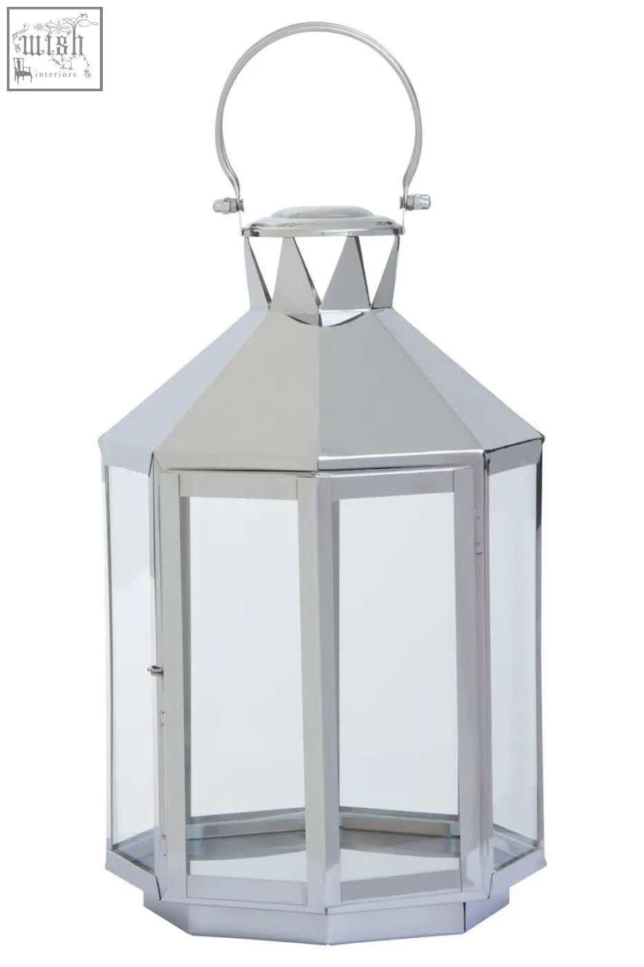 Herber large silver steel lantern with clear glass panels and decorative handle in silver metallic finish