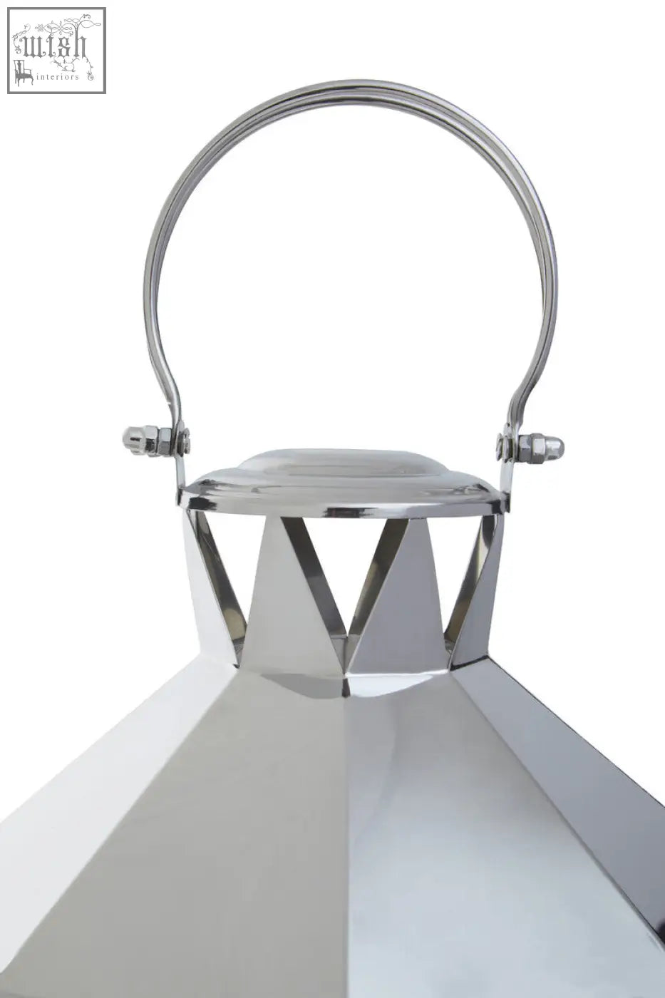 Herber large silver steel lantern with chrome finish geometric design and arched handle for stylish lighting