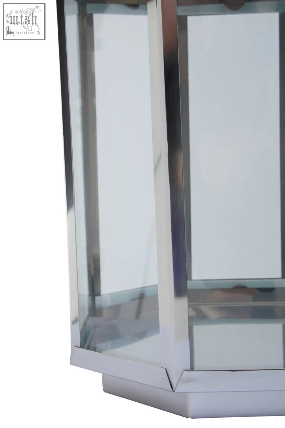 Herber large silver steel lantern with chrome finish clear glass panels and hexagonal base for outdoor use
