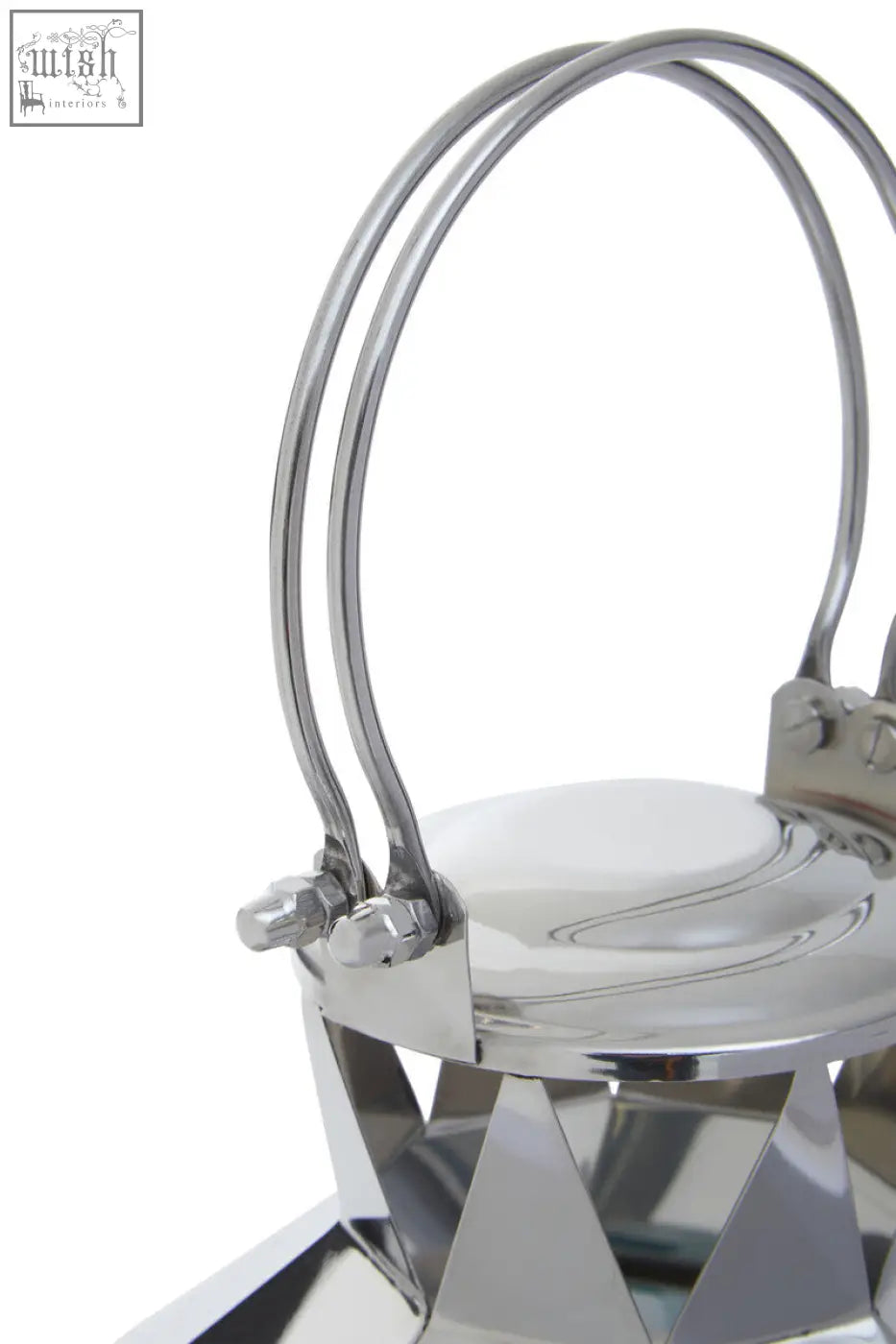 Shiny chrome finished herber large silver steel lantern with double loop handle and geometric triangular base