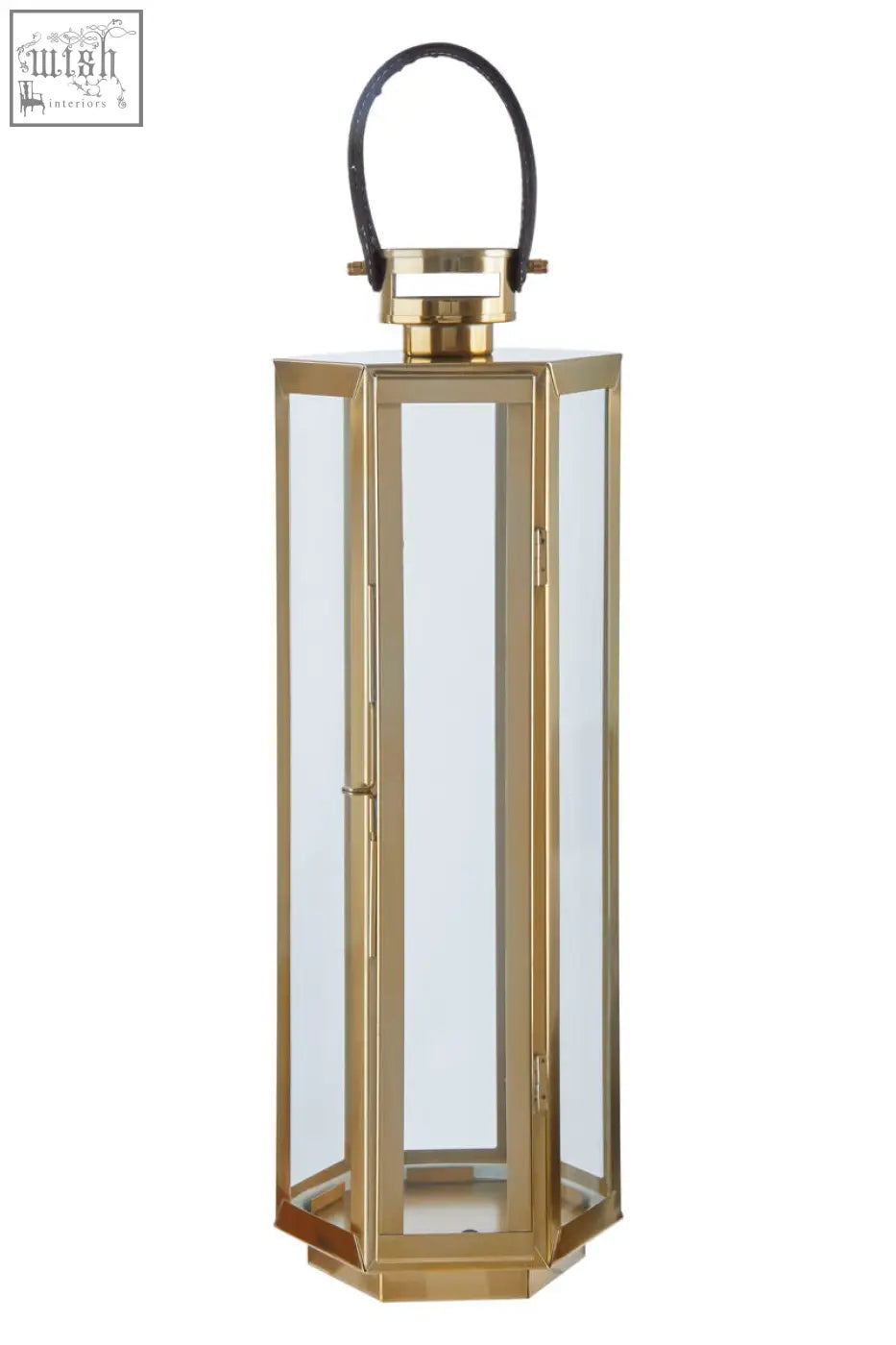 Herber medium gold finish lantern with brass frame clear glass panels and black leather handle for easy carrying
