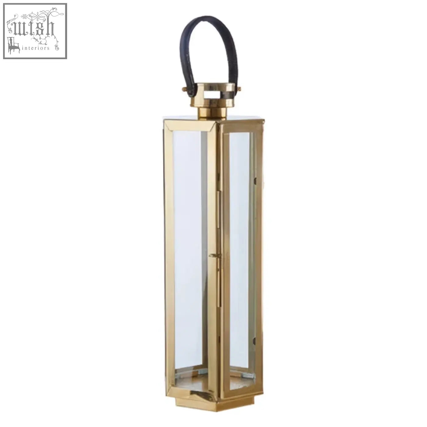 Herber medium gold finish lantern with clear glass panels and black leather handle for stylish lighting