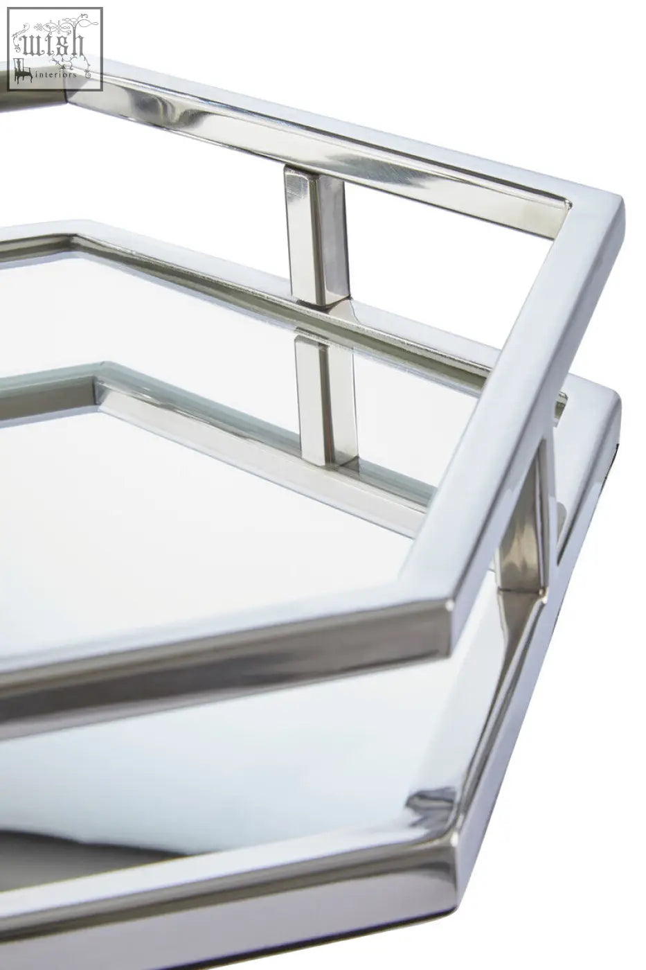 Herber silver finish hexagonal tray with silver finish stainless steel frame and geometric angular design
