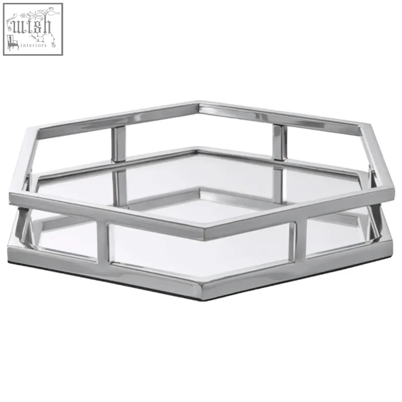 Silver finish herber tray with hexagonal stainless steel frame and mirrored glass panels for stylish serving