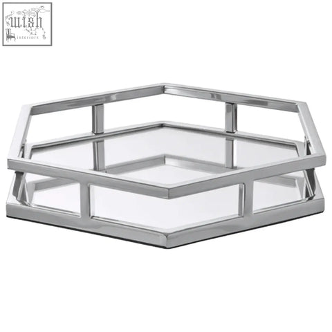 Silver finish herber tray with hexagonal stainless steel frame and mirrored glass panels for stylish serving
