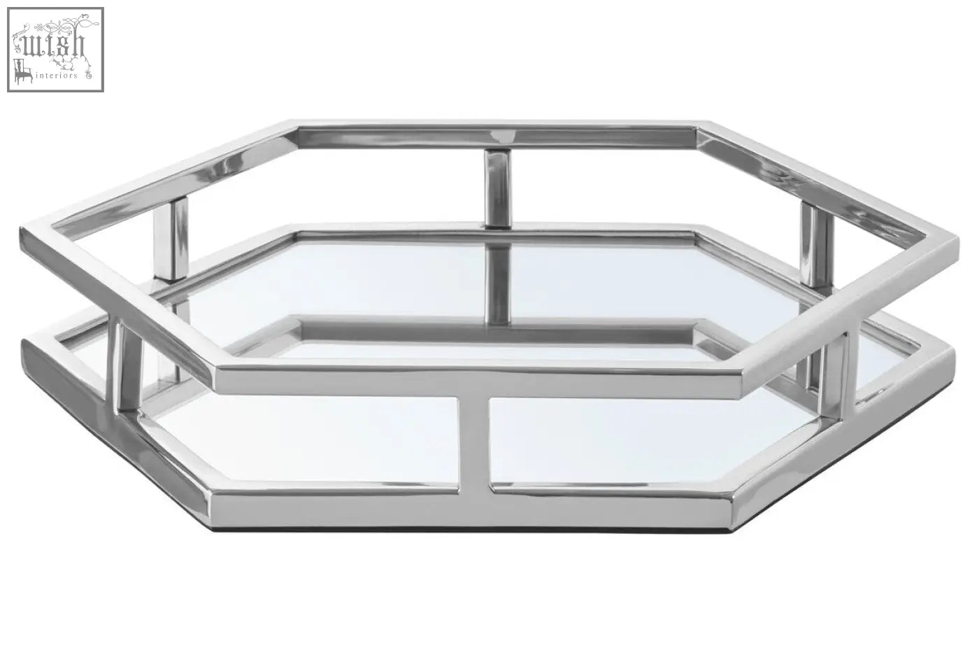 Herber silver finish hexagonal tray with two mirrored levels sleek modern design silver tray stainless steel