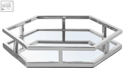 Herber silver finish hexagonal tray with two mirrored levels sleek modern design silver tray stainless steel