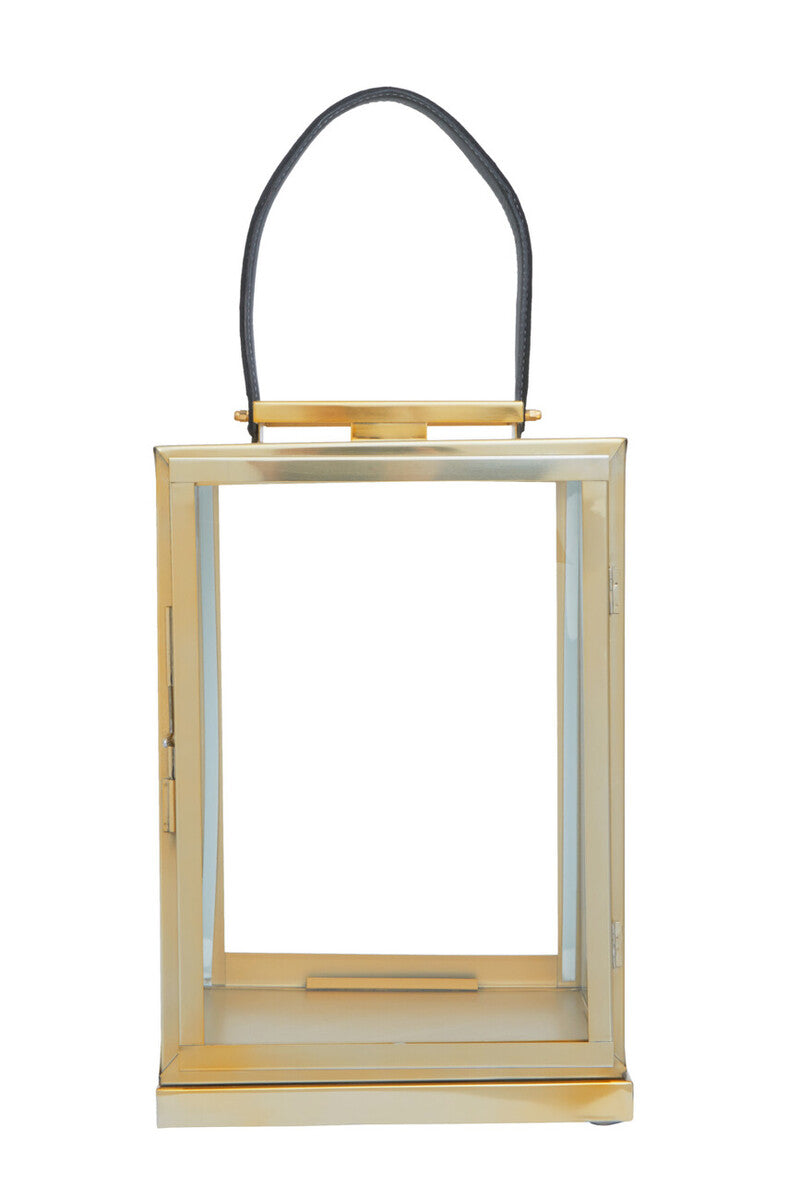 Herber small gold steel lantern with clear glass panels and black leather handle for stylish home decor
