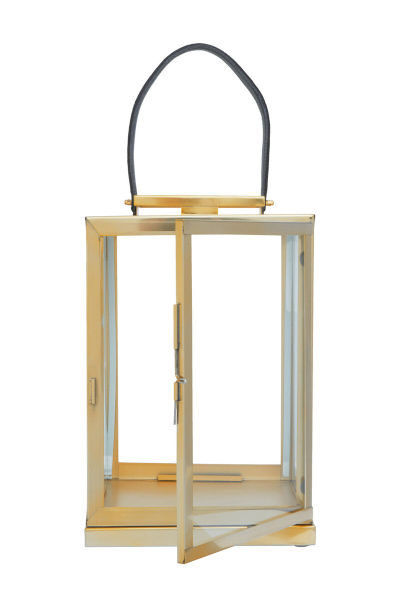 Herber small gold steel lantern with clear glass panels and a black leather handle for easy carrying