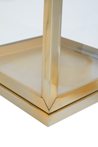Herber small gold steel lantern with gold-toned metal frame polished surfaces and leather handle detail