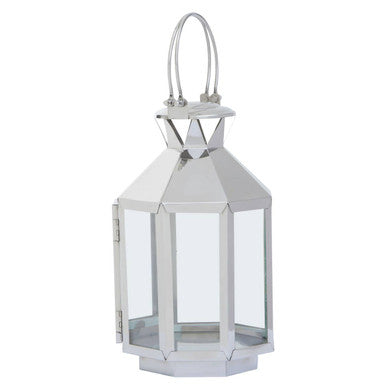 Herber small silver steel lantern with a hexagonal design clear glass panels and silver metallic finish