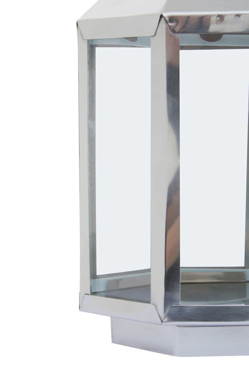 Herber small silver steel lantern with chrome finish rectangular frame and clear glass panels in a sleek modern design