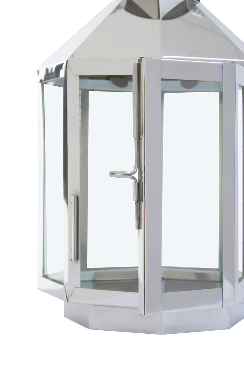 Herber small silver steel lantern with shiny hexagonal design and clear glass panels for stylish lighting