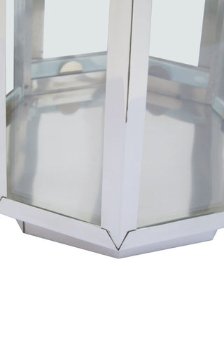 Herber small silver steel lantern with a sleek, modern hexagonal design and clear glass panels in silver tone