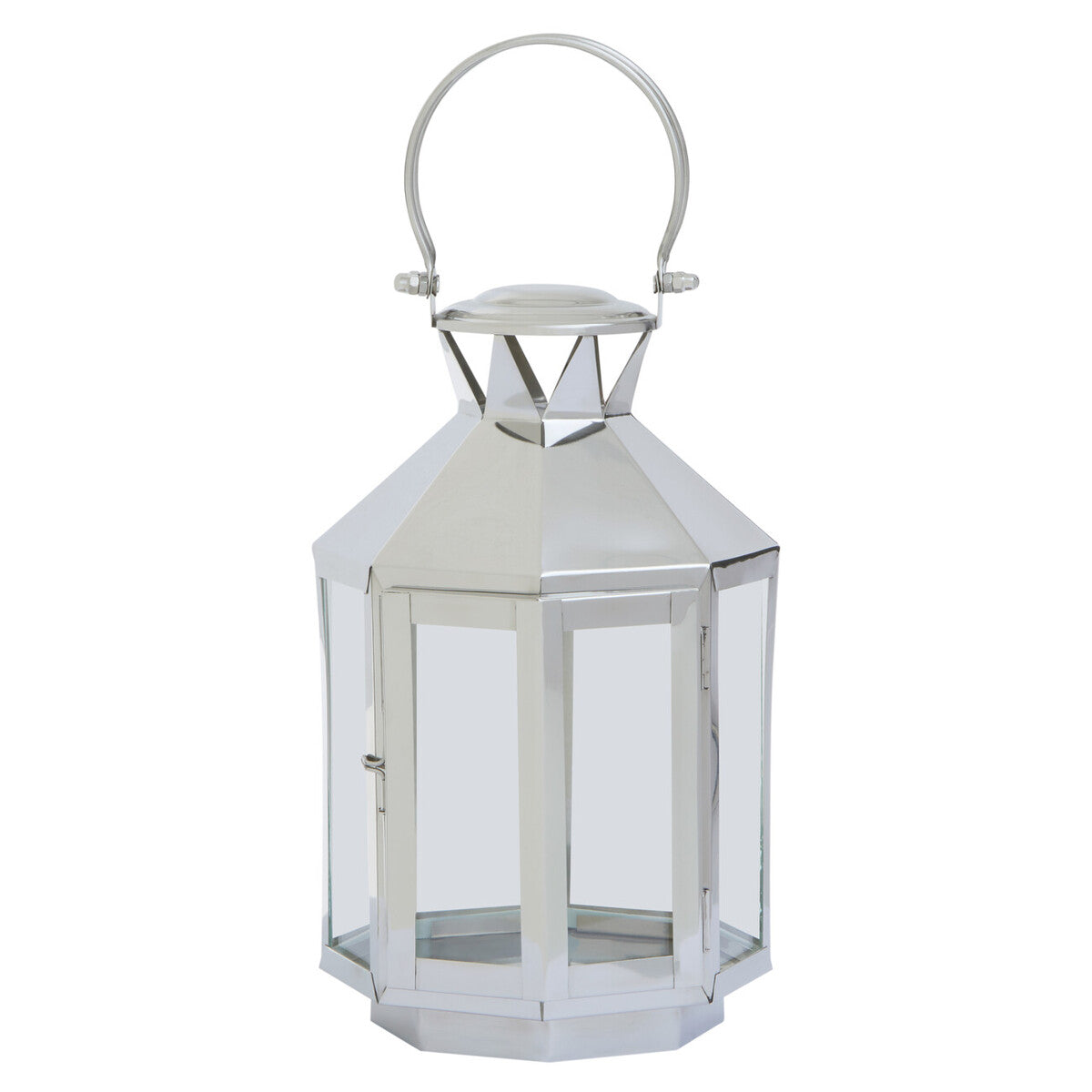Herber small silver steel lantern with octagonal shape clear glass panels and a matching metal handle