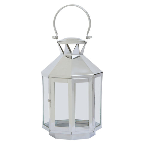 Herber small silver steel lantern with octagonal shape clear glass panels and a matching metal handle