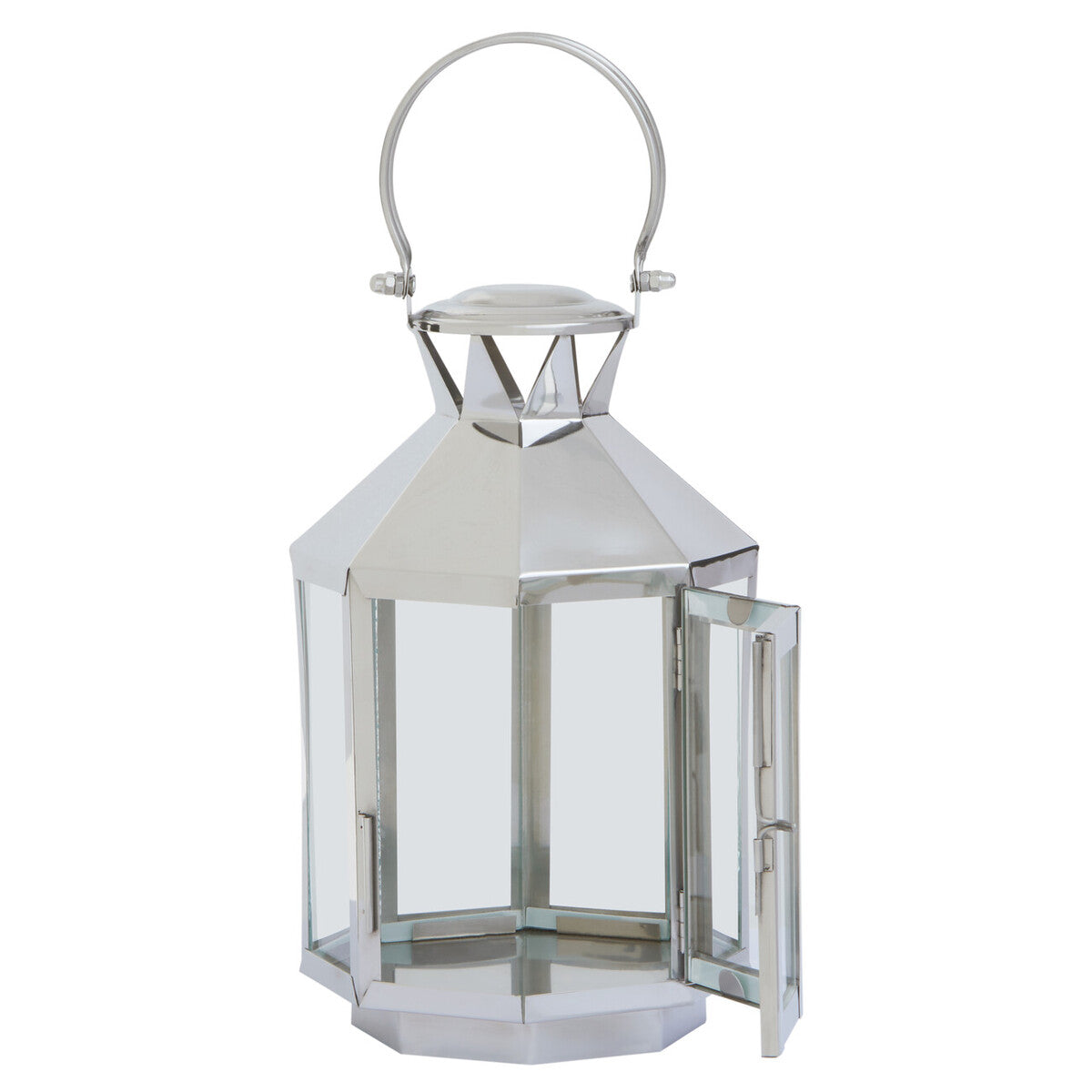 Herber small silver steel lantern with clear glass panels and matching handle for decorative lighting