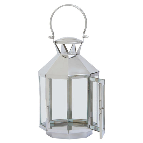 Herber small silver steel lantern with clear glass panels and matching handle for decorative lighting