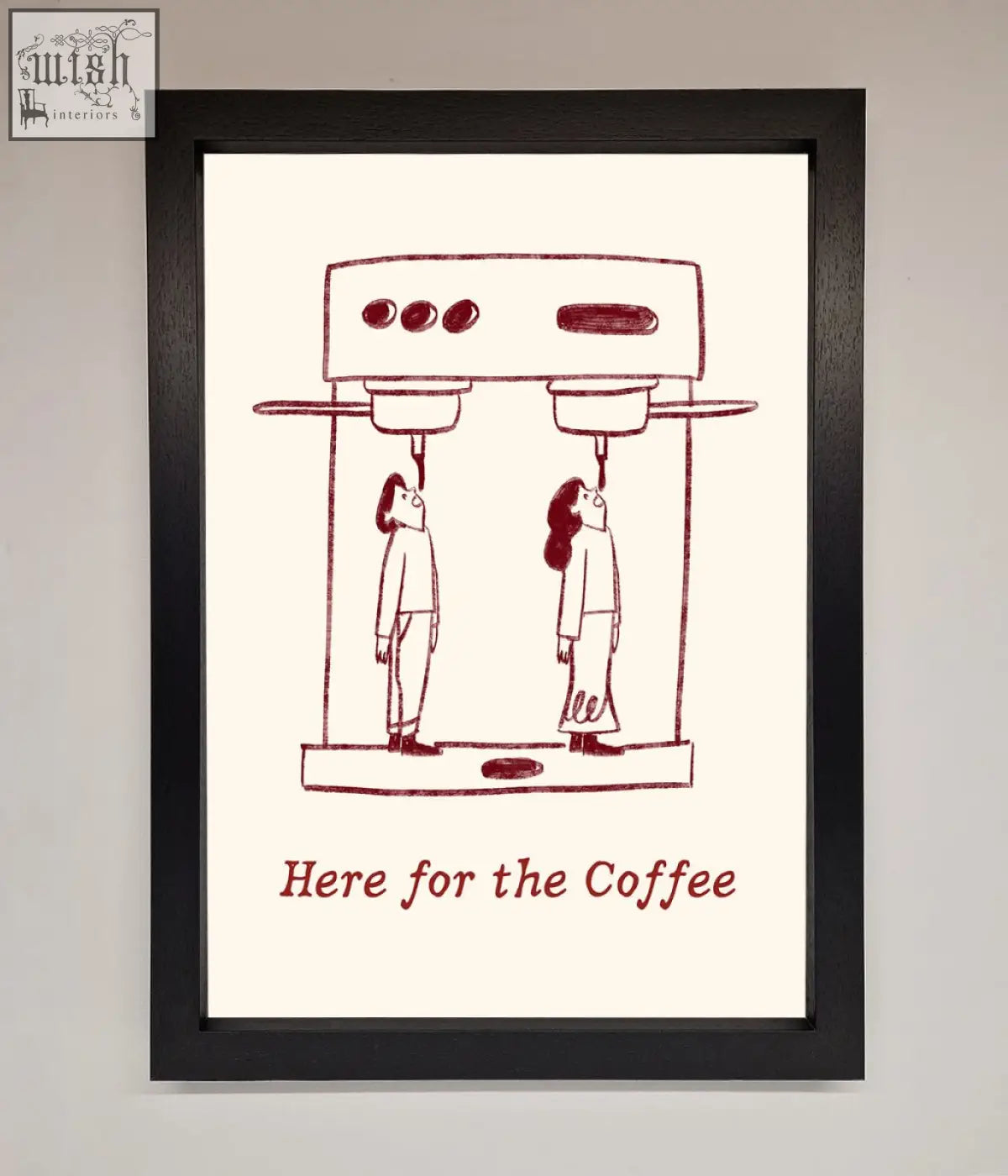 Black-framed coffee framed print with maroon minimalist illustration and here for the coffee text below espresso machine