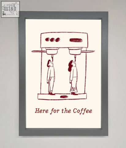 Here for the coffee framed print showing two maroon figures under a coffee machine on cream paper with frame options