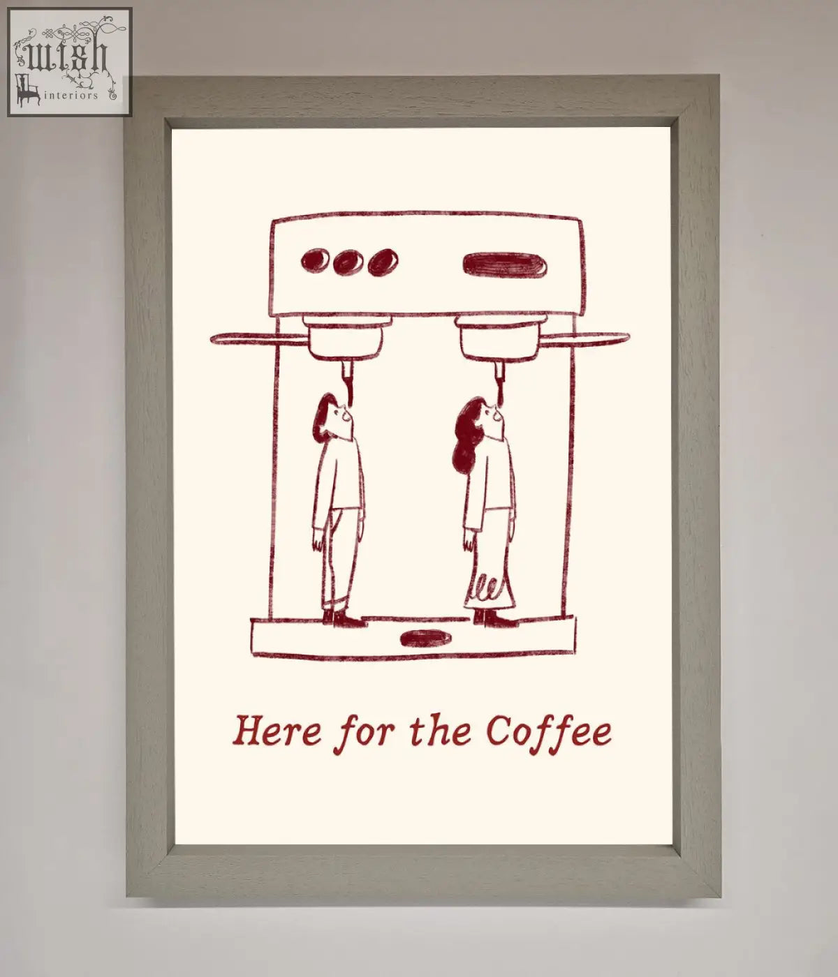 A minimalist red ink coffee framed print featuring two people under an espresso machine with here for the coffee text